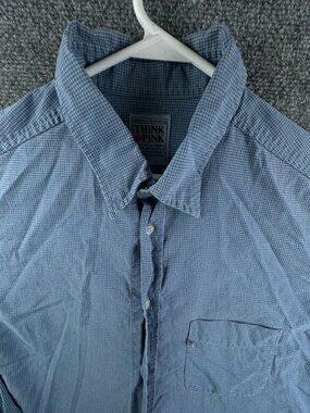 Think Pink Men Long Sleeve Button Up Shirt Blue Check Size XL Collared Adult